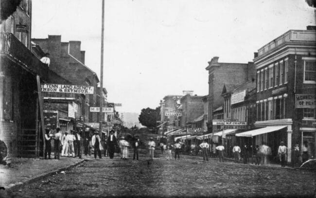 Busy street corner in Knoxville, Tennessee in 1869.