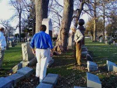 teacherstory1 Kermit Eby and Howard Zinn at Emma Goldman's grave in the Forest Home Cemetery.