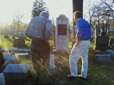 teacherstory2 Kermit Eby and Howard Zinn at Emma Goldman's grave in the Forest Home Cemetery.