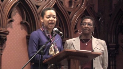emceesinboston Karla Nicholson, Director of Haymarket People's Fund and Dorotea Manuela from the Rosa Parks Human Rights Day Coalition. Emcees for the People's Celebration. Photo credit: Charngchi Way/Susie Husted.