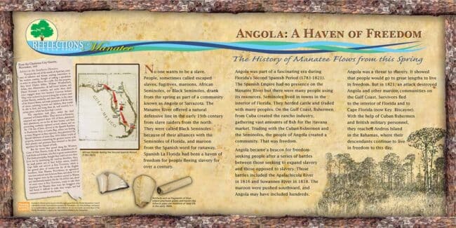 A heritage interpretation sign for Reflections of Manatee at Angola.