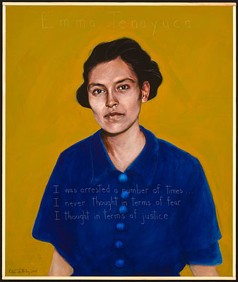 Painting of Emma Tenayuca in blue shirt on orange background with writing: I was arrested a number of times I never thought in terms of fear I thought in terms of justice.