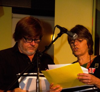 Mary Beth Tinker (with Kevin Zeese) reading at the dedication of the Zinn Room in Hyattsville, Maryland, September, 2011. Photo by Jack Gordon.