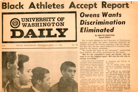 In 1968, Univ. of Washington black athletes protested what they saw as discriminatory practices by football Jim Owens and his staff. Newspaper from April 17, 1968. Image: Seattle Civil Rights and Labor History Project.