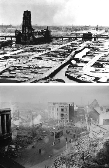 TOP: German bombers set the whole inner city of Rotterdam ablaze, killing 814 of its inhabitants. BOTTOM: Coventry city centre following the Coventry Blitz of November 14 and 15, 1940. Images: Wikimedia Commons.