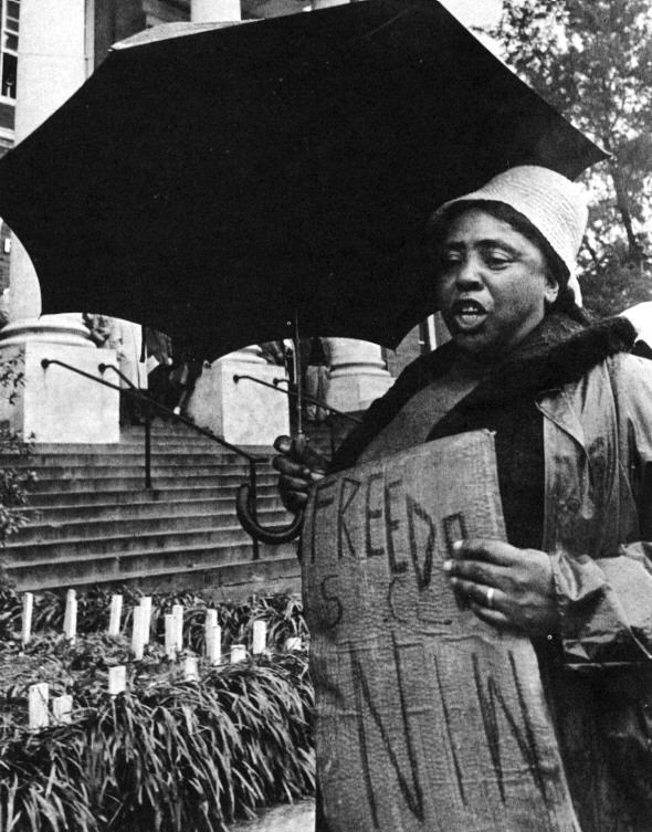 Fannie Lou Hamer picketing on Freedom Day, 1964, in Hattiesburg, Mississippi.