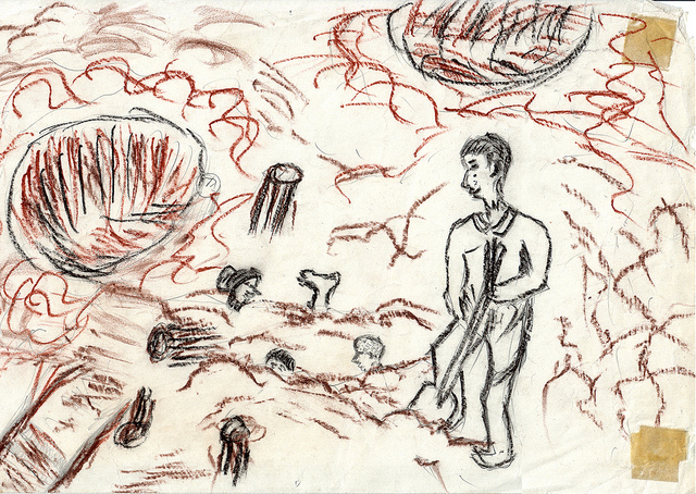 Illustration from Bombing Survivor 1971 "In the earlier times of my village we had good fortune and there was nothing to cause us fear or danger in the lives of the Laotian rice farmer. In our region like in other regions the same. But in 1965, the airplanes began to come drop bombs on the people of Xieng Khouang until it caused deaths and injuries to the people. As in this picture, there were people who died in the holes. There were many people who couldn't get out. All that could be seen were heads, legs, and hands only. Then there was a man who went to dig them out because his child and wife were buried inside."