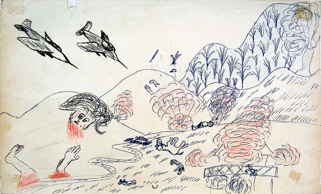 Illustration from Bombing Survivor 1971 Historic drawings of the Vietnam War era secret U.S. bombings in Laos, recovered in 2004 and now featured in the Legacies of War National Traveling Exhibition.