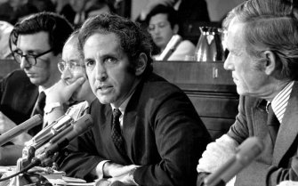Fred Branfman and Daniel Ellsberg at the Capitol on July 28, 1971, reporting to an unofficial House panel investigating the significance of the Pentagon Papers. At right is Rep. Don Edwards, D-Calif. Photo: AP