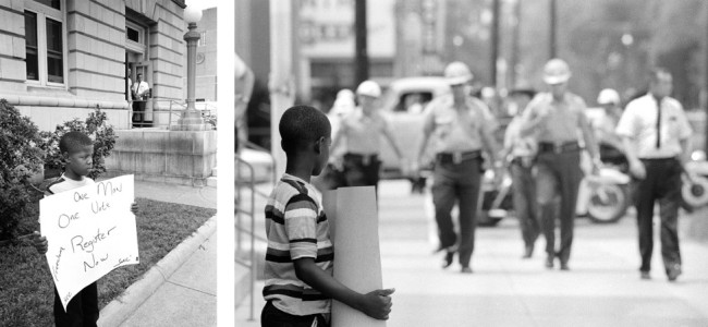 Photos: A brave young boy demonstrates for freedom in front of the Dallas County courthouse in Selma on July 8, 1964. Selma sheriff deputies approach and arrest him. Photos used by permission of Matt Herron/Take Stock Photos.