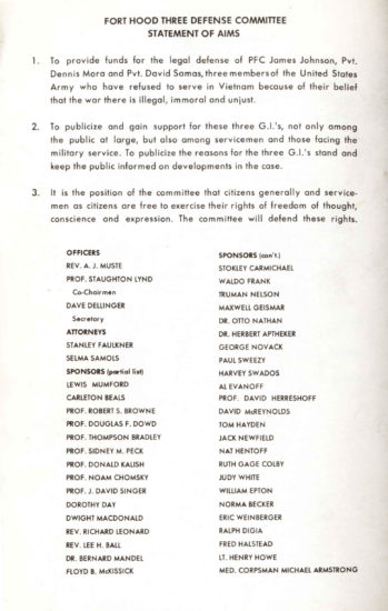 Aims of the Fort Hood Three Defense Committee | Zinn Education Project: Teaching People's History