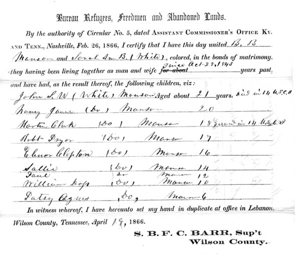Marriage certificate of Benjamin Manson and Sarah White, April 19, 1866 | Zinn Education Project: Teaching People's History