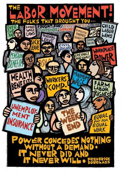 power concedes nothing without a demand. It never did and it never will. &mdash; Frederick Douglass with drawings of protestors on black background