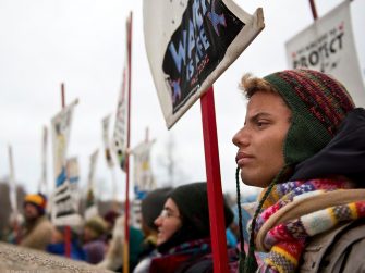 A demonstration in Bismarck, on Nov. 21, 2016, to protest police violence against Standing Rock Water Protectors.
