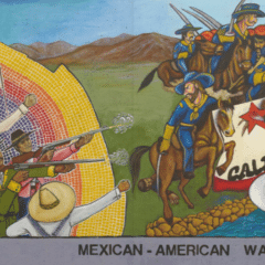 A depiction of two panels from The Great Wall of Los Angeles, a mural by Judy Baca. These panels show depictions from the Mexican-American War.