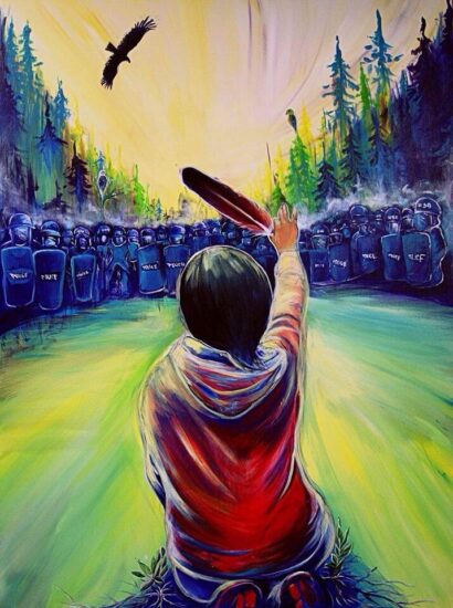 A beautiful reworking of an iconic image from Elsipogtog, by artist Fanny Aishaa. The original photo was taken by Ossie Michelin, a reporter for APTN and the woman is Amanda Polchies.