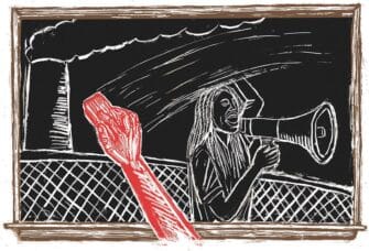 drawing of a protester being erased from a chalkboard.