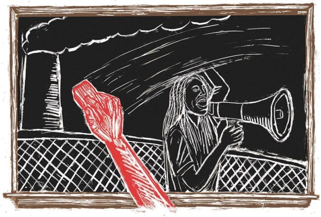 drawing of a protester being erased from a chalkboard.