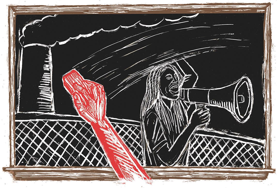 drawing of a protester being erased from a chalkboard.