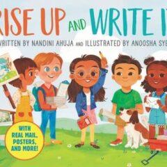 Book cover illustration of children outside organizing.