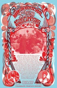 A colorful poster showing student protestors