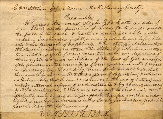 The Constitution of the Maine Anti-Slavery Society, which was founded in May 1833.