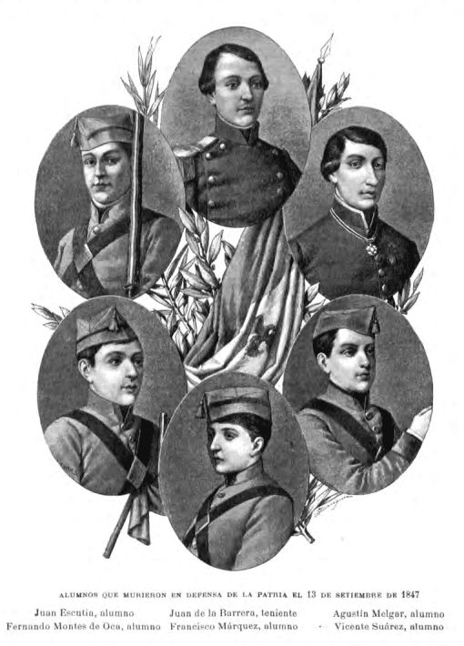 A commemoration showing the young Mexican cadets who died at the Battle of Chapultepec. By Juan de Dios Arias.