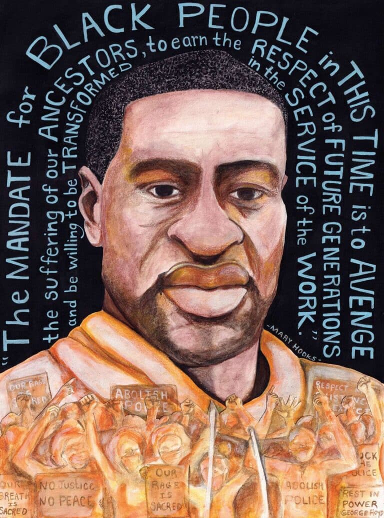 portrait of George Floyd with protestors at bottom and words above
