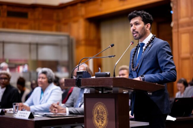 Vishal Prasad with Pacific Island Students Fighting for Climate Justice speaking at the International Court of Justice
