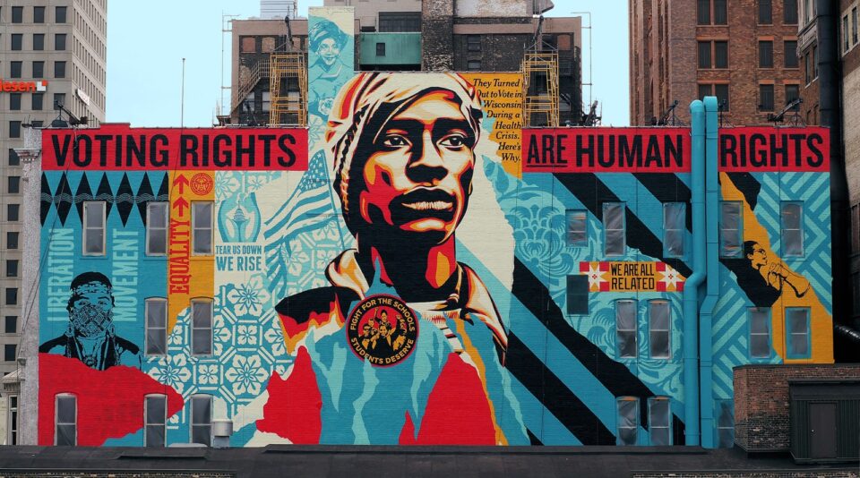 Voting rights are human rights colorful urban mural