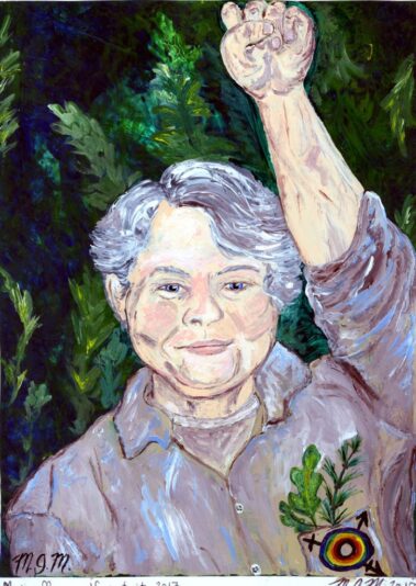 painting of person with fist in the air with purple shirt in front of trees