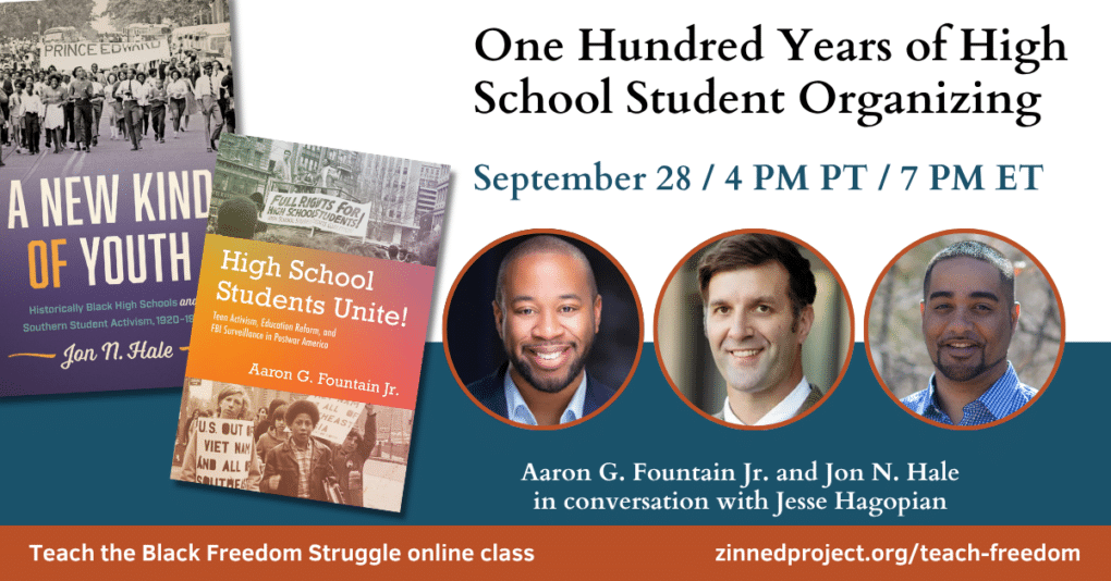 100 years of high school student organizing class announcement with book covers and headshots